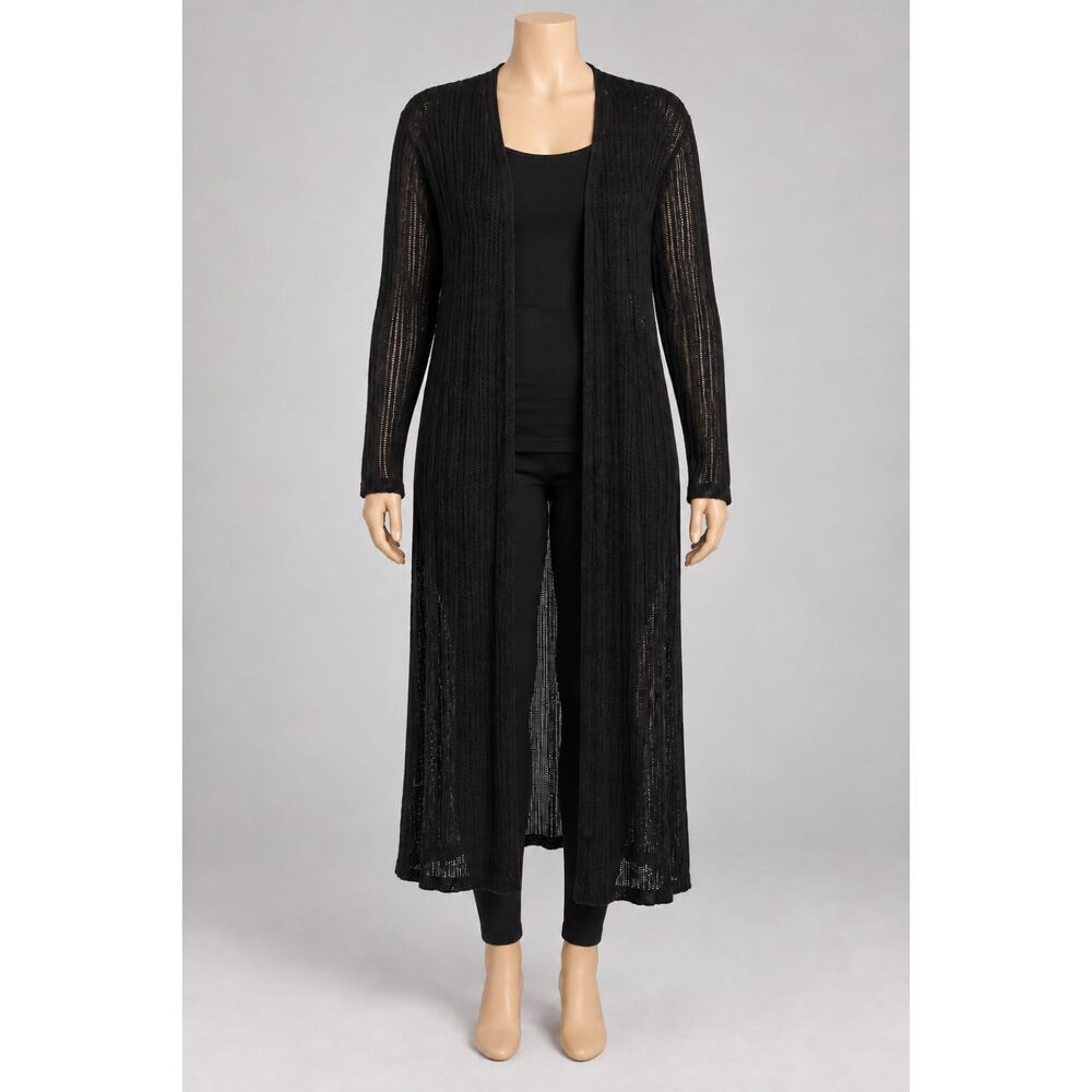 Perch by Blu Pepper Cardigan Women 1XL Black Open Knit Long Maxi Duster Plus
